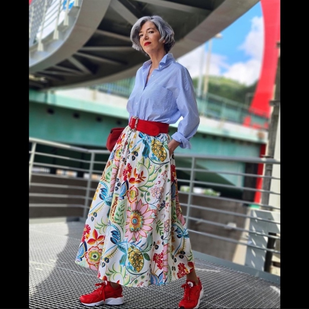 Zara Floral Midi Skirt White Red